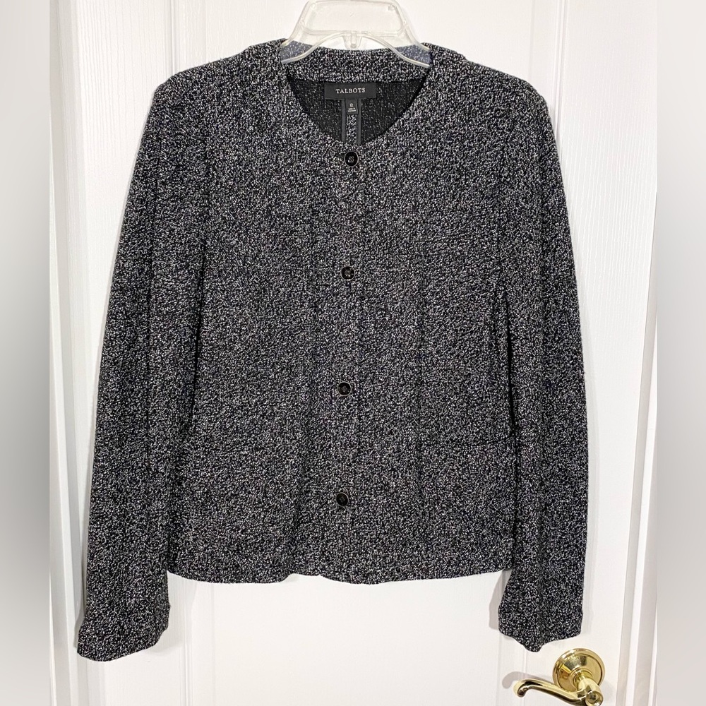 Talbots Bouclé Knit Blazer Jacket Marled Black White Size 12